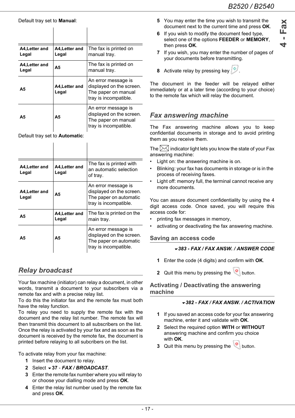 Relay broadcast, Fax answering machine, Saving an access code | Activating / deactivating the answering machine, Activating / deactivating the, Answering machine, 4 - fax | Oki B2500 Series User Manual | Page 22 / 73