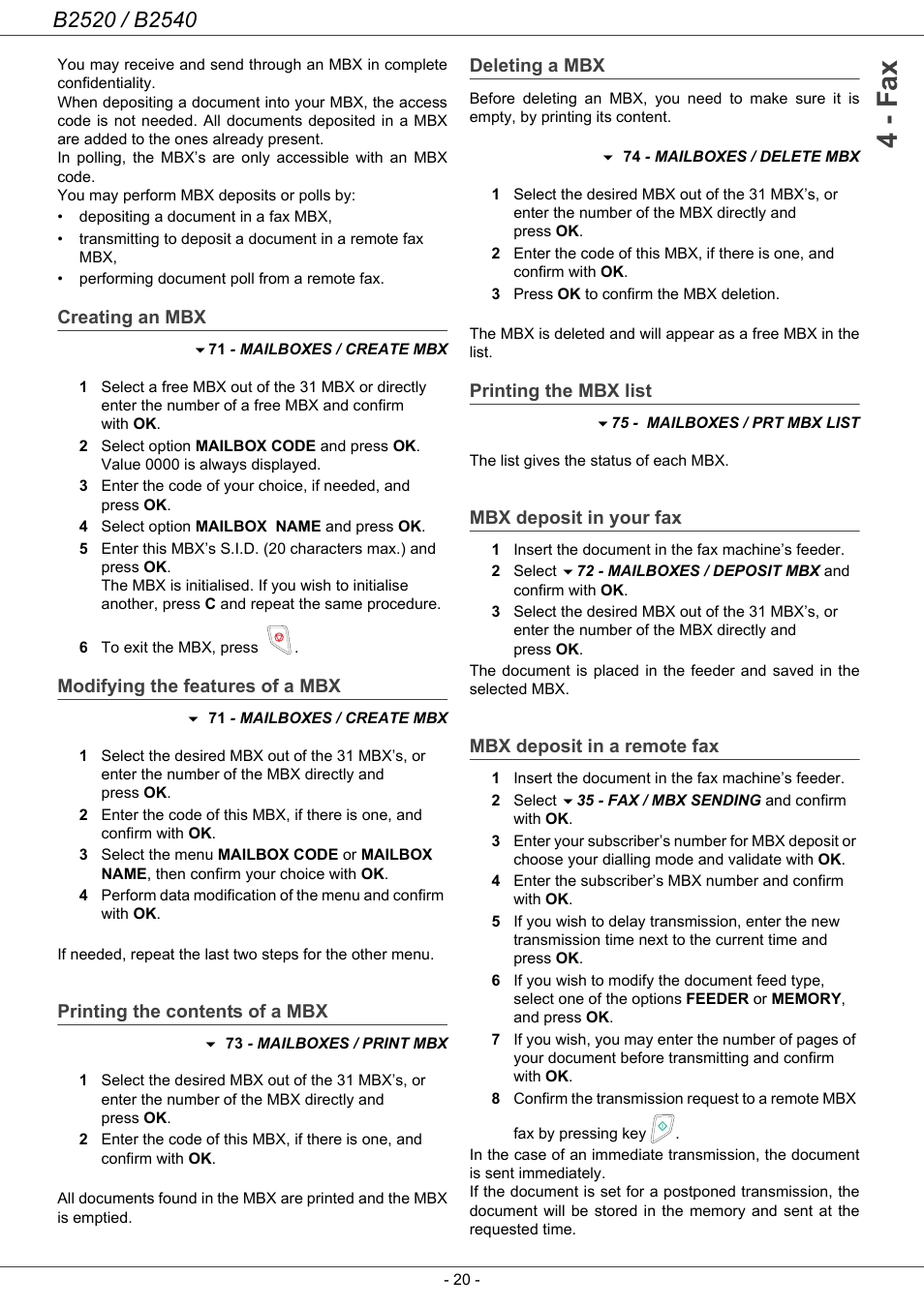 Creating an mbx, Modifying the features of a mbx, Printing the contents of a mbx | Deleting a mbx, Printing the mbx list, Mbx deposit in your fax, Mbx deposit in a remote fax, 4 - fax | Oki B2500 Series User Manual | Page 25 / 73