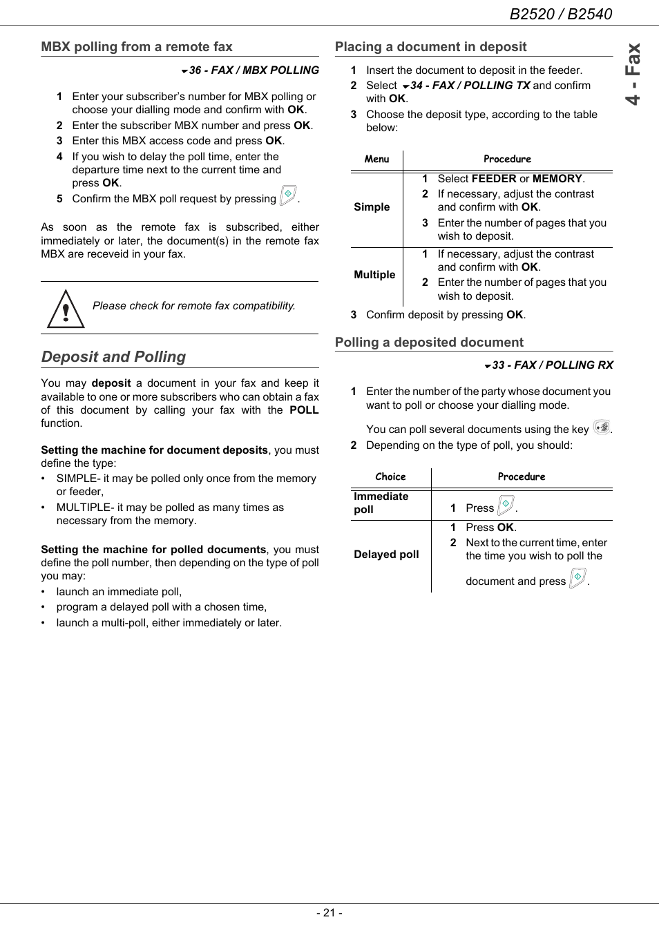 Mbx polling from a remote fax, Deposit and polling, Placing a document in deposit | Polling a deposited document, 4 - fax | Oki B2500 Series User Manual | Page 26 / 73