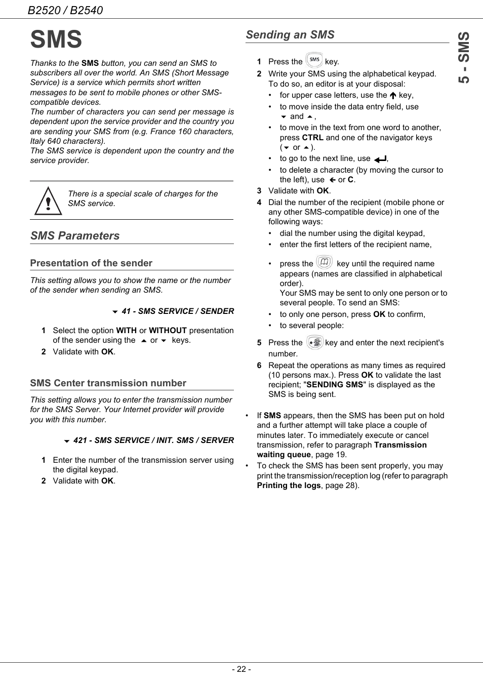 Sms parameters, Presentation of the sender, Sms center transmission number | Sending an sms, Sms 22, 5 - sms | Oki B2500 Series User Manual | Page 27 / 73