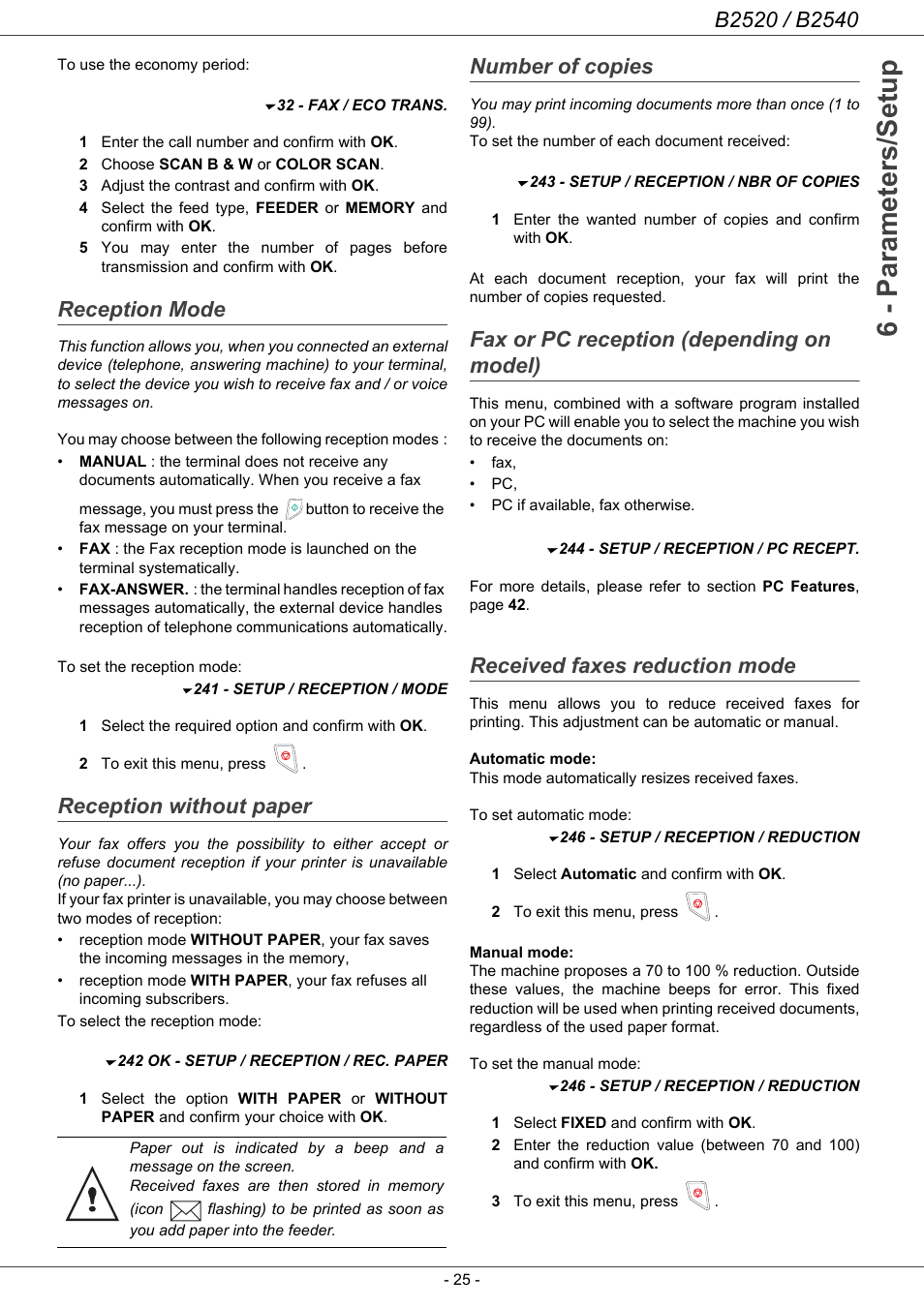 Reception mode, Reception without paper, Number of copies | Fax or pc reception (depending on model), Received faxes reduction mode, 6 - parameters/setup | Oki B2500 Series User Manual | Page 30 / 73