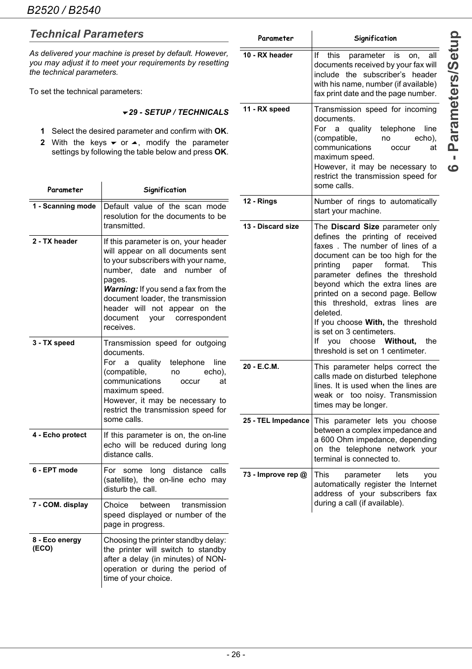 Technical parameters, 6 - parameters/setup | Oki B2500 Series User Manual | Page 31 / 73