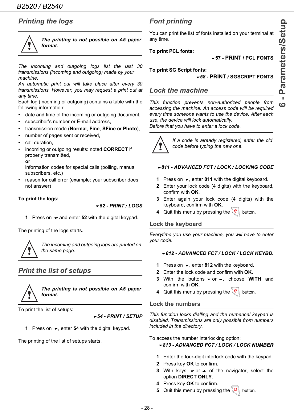 Printing the logs, Print the list of setups, Font printing | Lock the machine, Lock the keyboard, Lock the numbers, 6 - parameters/setup | Oki B2500 Series User Manual | Page 33 / 73