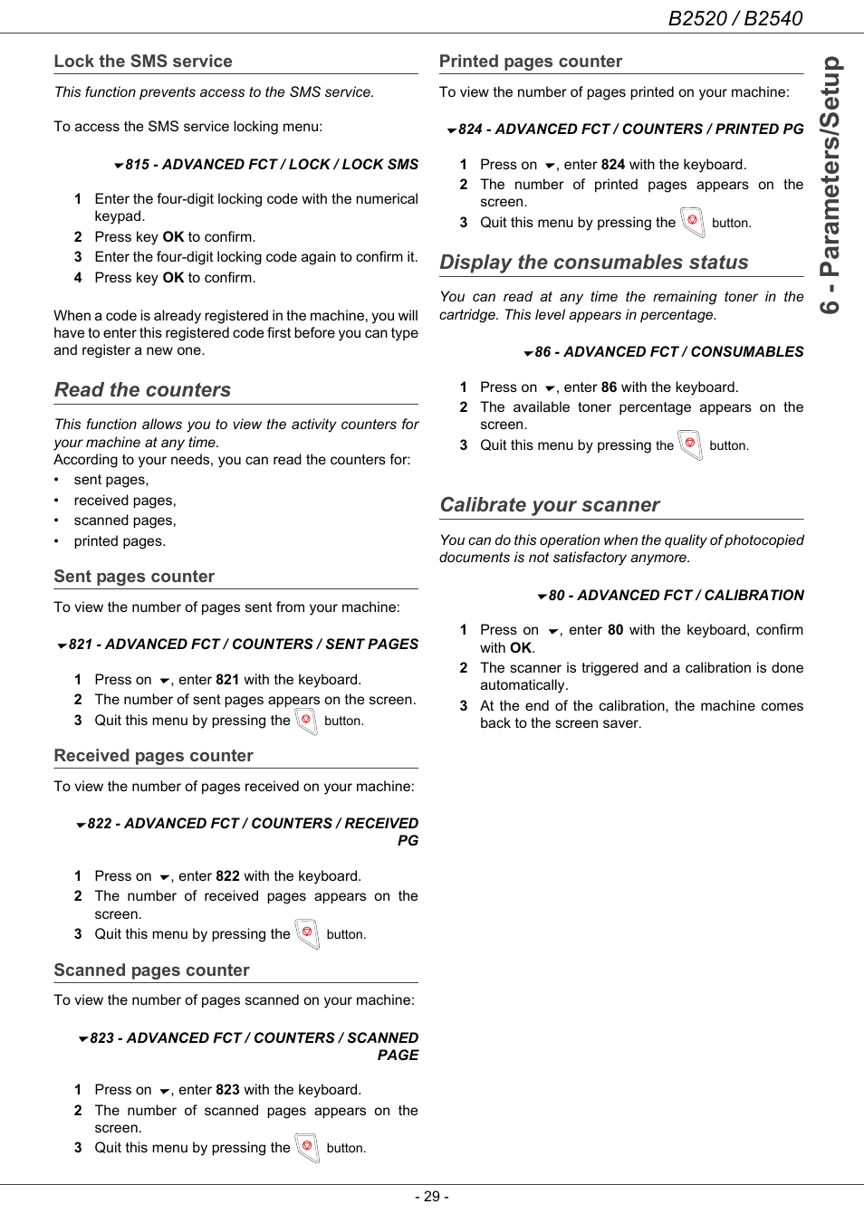 Lock the sms service, Read the counters, Display the consumables status | Calibrate your scanner, 6 - parameters/setup | Oki B2500 Series User Manual | Page 34 / 73