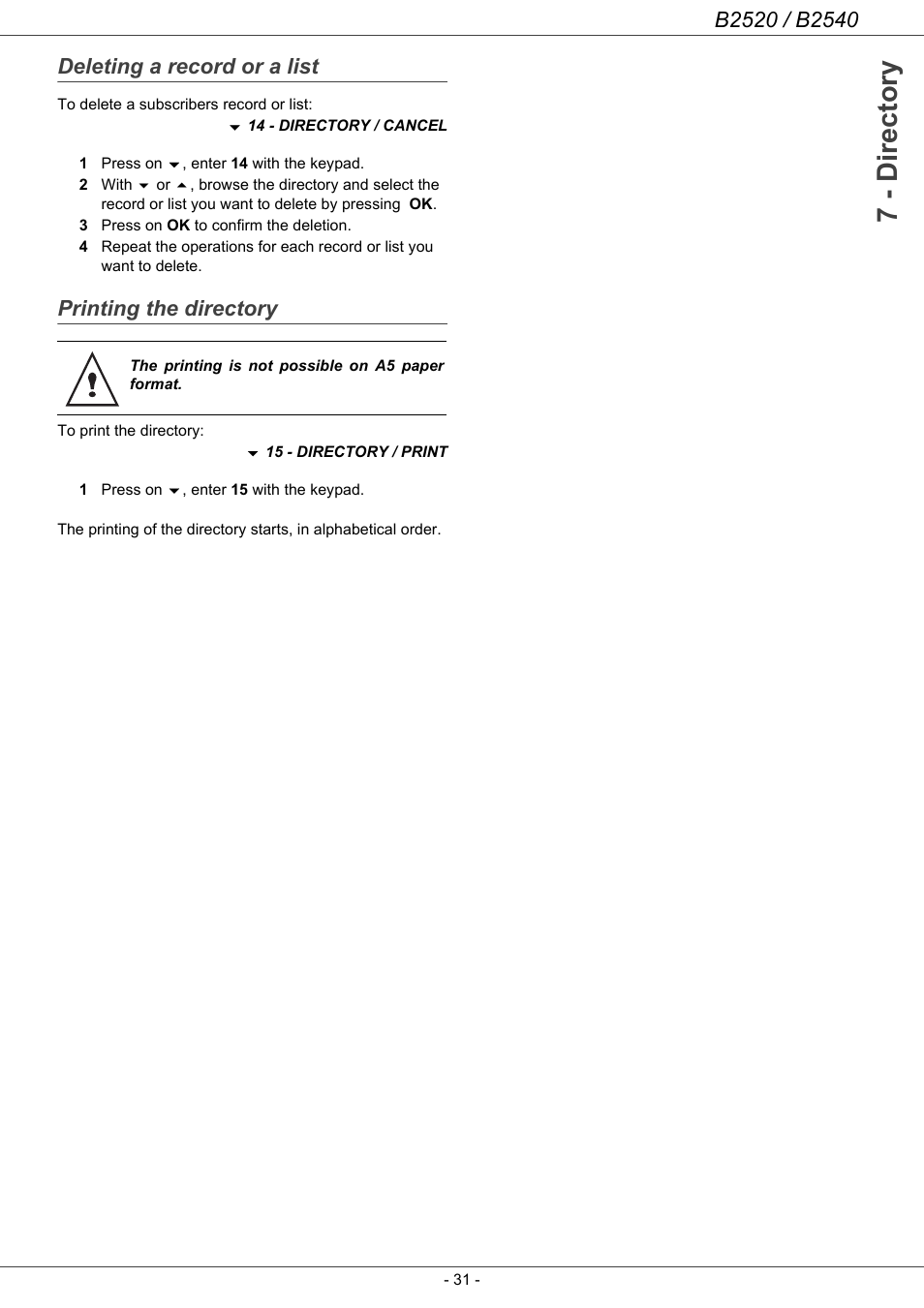 Deleting a record or a list, Printing the directory, 7 - directory | Oki B2500 Series User Manual | Page 36 / 73