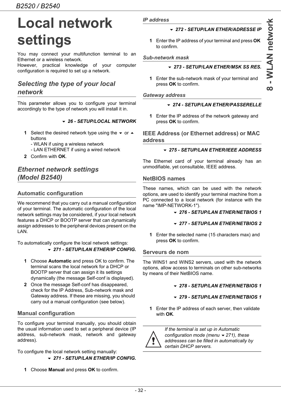 Local network settings, Selecting the type of your local network, Ethernet network settings (model b2540) | Automatic configuration, Manual configuration, Ip address, Sub-network mask, Gateway address, Ieee address (or ethernet address) or mac address, Netbios names | Oki B2500 Series User Manual | Page 37 / 73