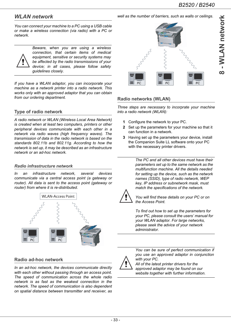 Wlan network, Type of radio network, Radio infrastructure network | Radio ad-hoc network, Radio networks (wlan), 8 - wlan network | Oki B2500 Series User Manual | Page 38 / 73