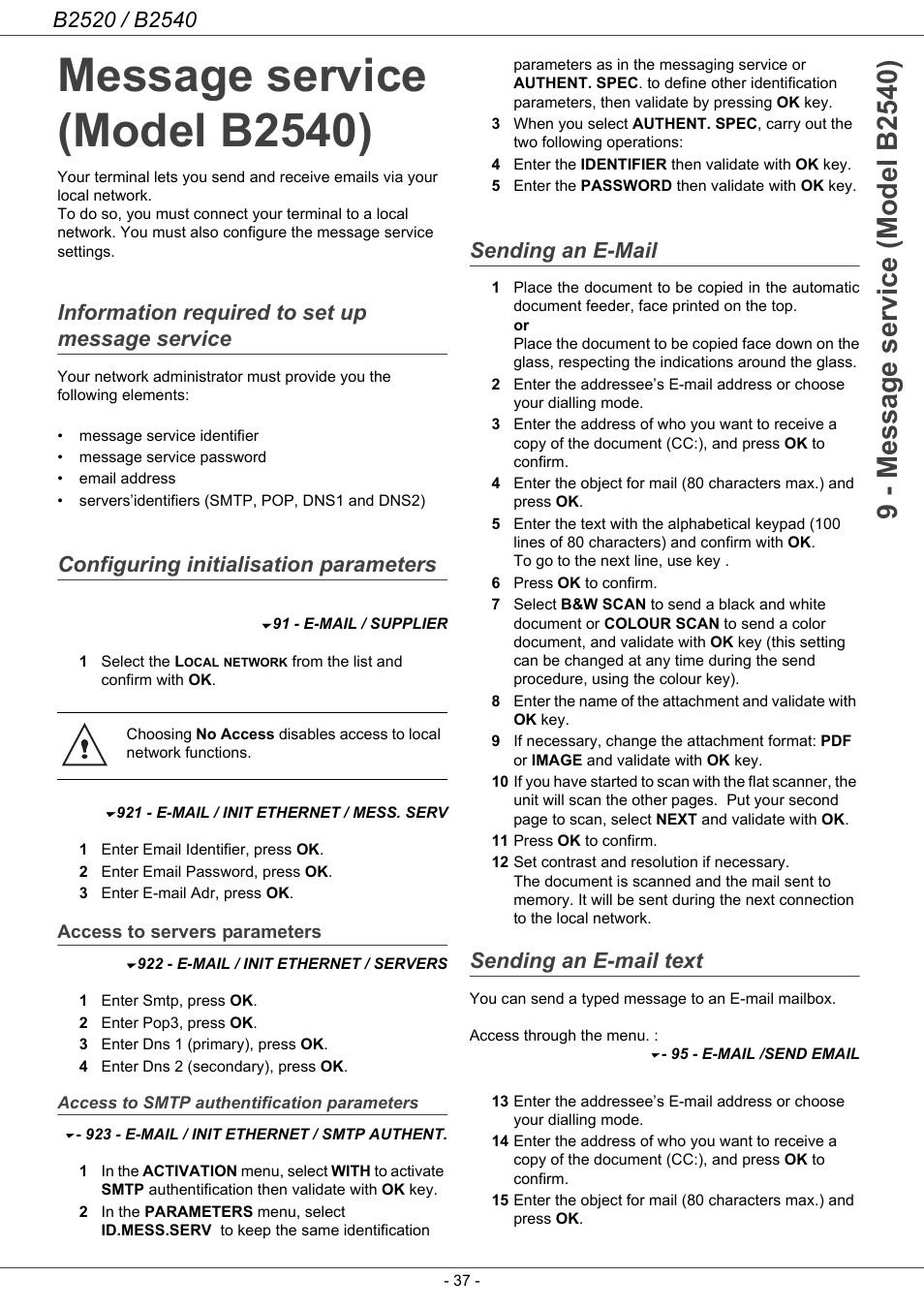 Message service (model b2540), Information required to set up message service, Configuring initialisation parameters | Access to servers parameters, Access to smtp authentification parameters, Sending an e-mail, Sending an e-mail text | Oki B2500 Series User Manual | Page 42 / 73