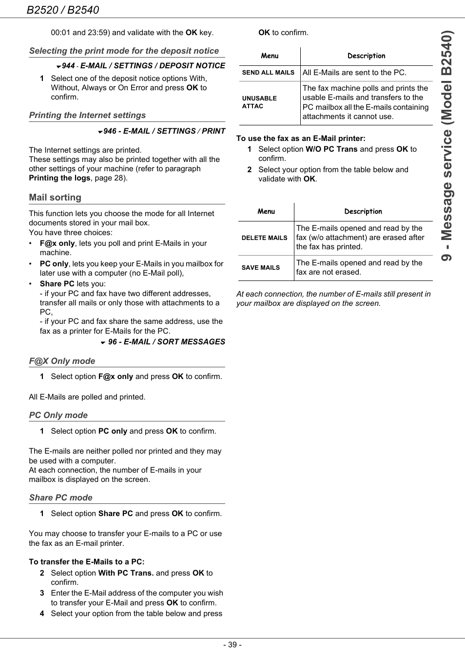 Selecting the print mode for the deposit notice, Printing the internet settings, Mail sorting | F@x only mode, Pc only mode, Share pc mode, Selecting the print mode, For the deposit notice | Oki B2500 Series User Manual | Page 44 / 73