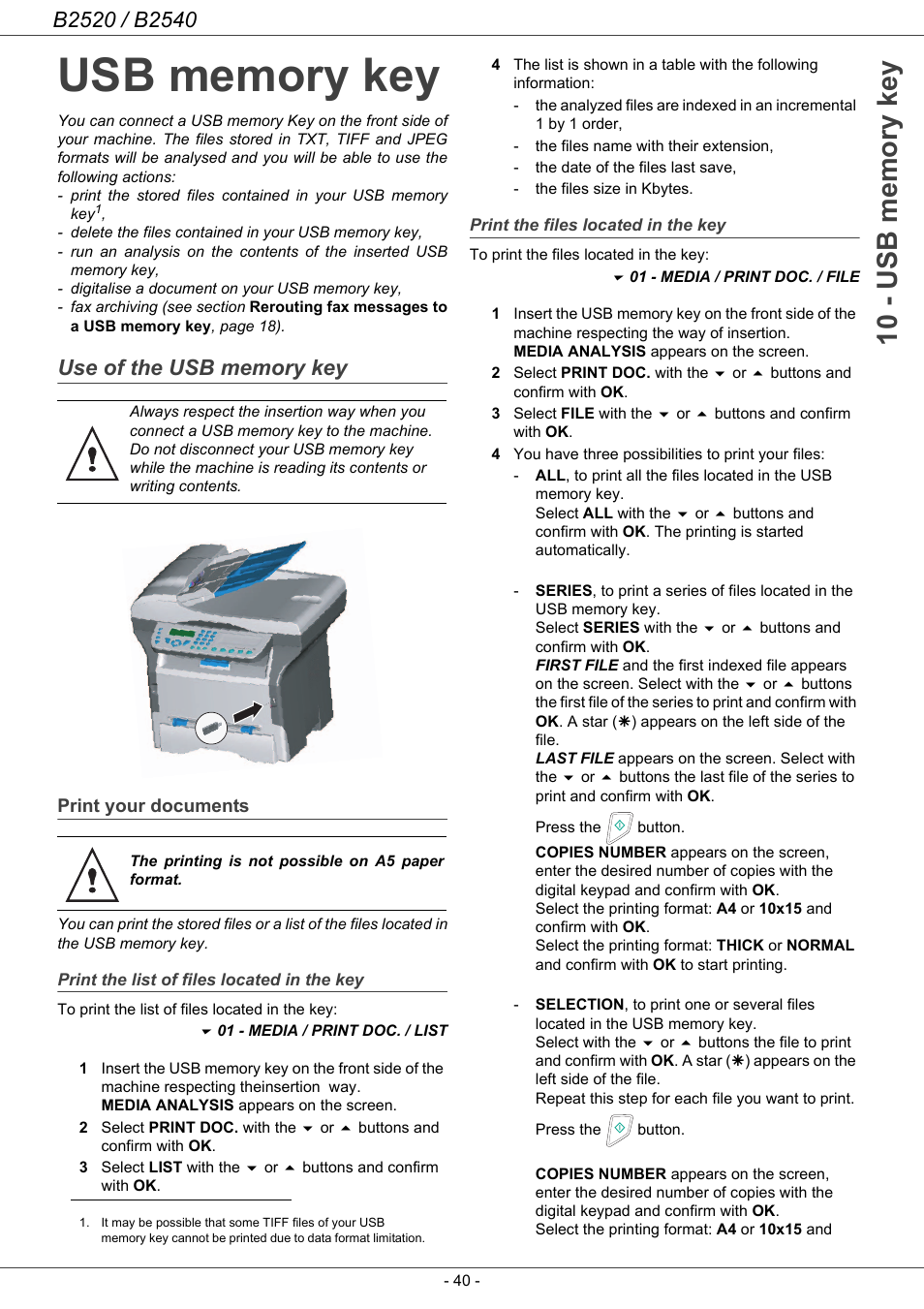 Usb memory key, Use of the usb memory key, Print your documents | Print the list of files located in the key, Print the files located in the key | Oki B2500 Series User Manual | Page 45 / 73