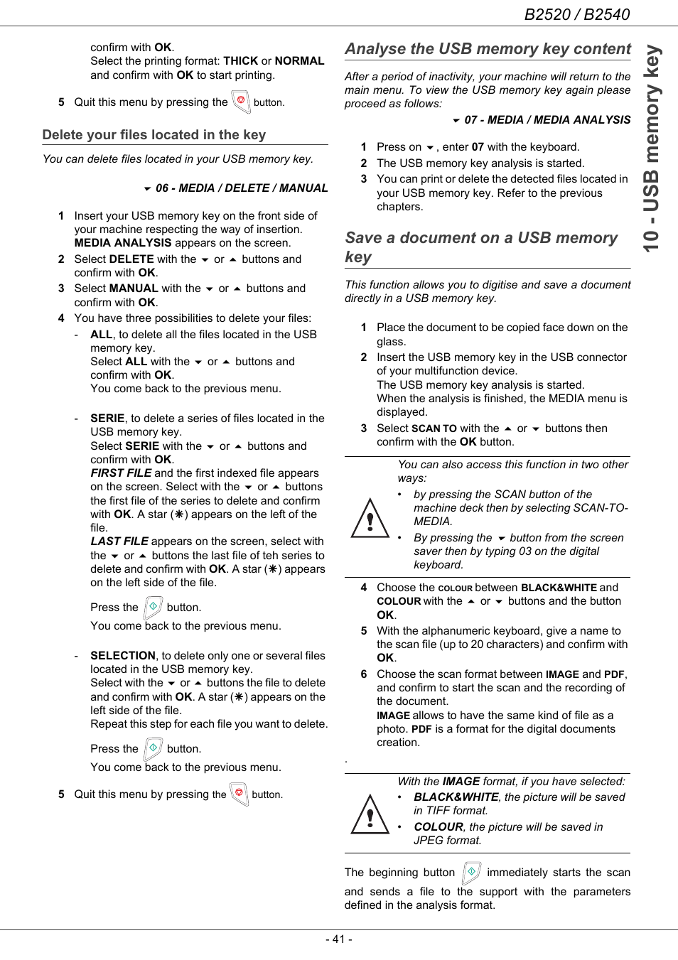 Delete your files located in the key, Analyse the usb memory key content, Save a document on a usb memory key | Oki B2500 Series User Manual | Page 46 / 73