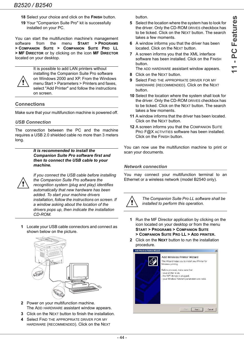 Connections, Usb connection, Network connection | Connections 44, 11 - pc features | Oki B2500 Series User Manual | Page 49 / 73