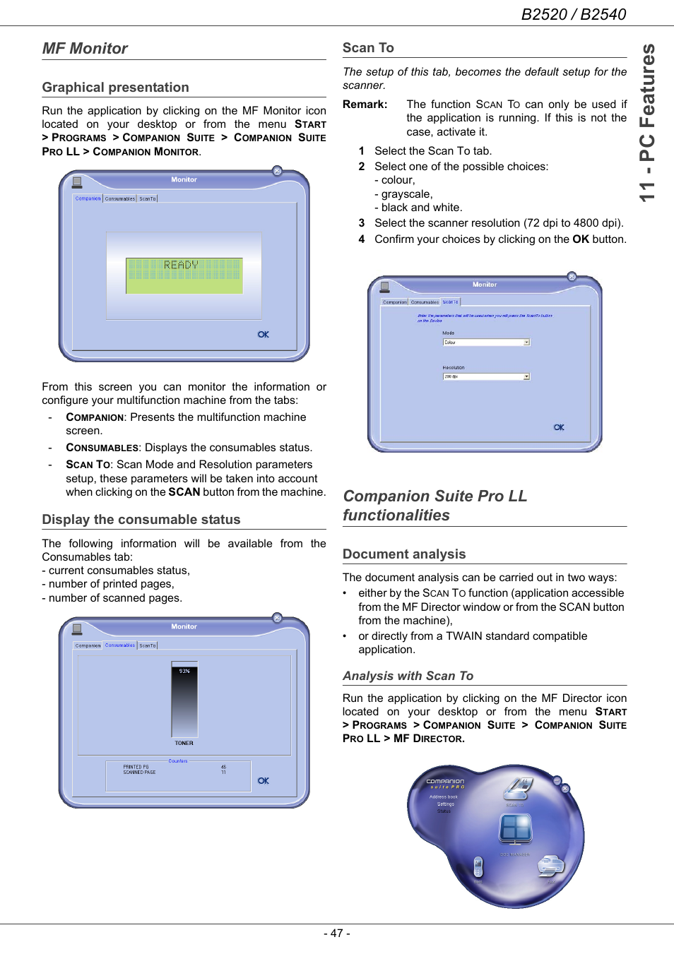 Mf monitor, Graphical presentation, Display the consumable status | Scan to, Companion suite pro ll functionalities, Document analysis, Analysis with scan to, 11 - pc features | Oki B2500 Series User Manual | Page 52 / 73