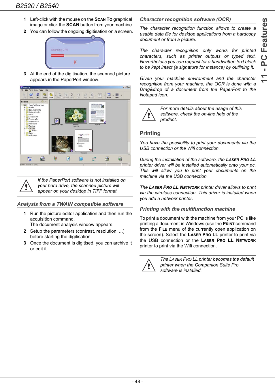 Analysis from a twain compatible software, Character recognition software (ocr), Printing | Printing with the multifunction machine, Printing 48, 11 - pc features | Oki B2500 Series User Manual | Page 53 / 73