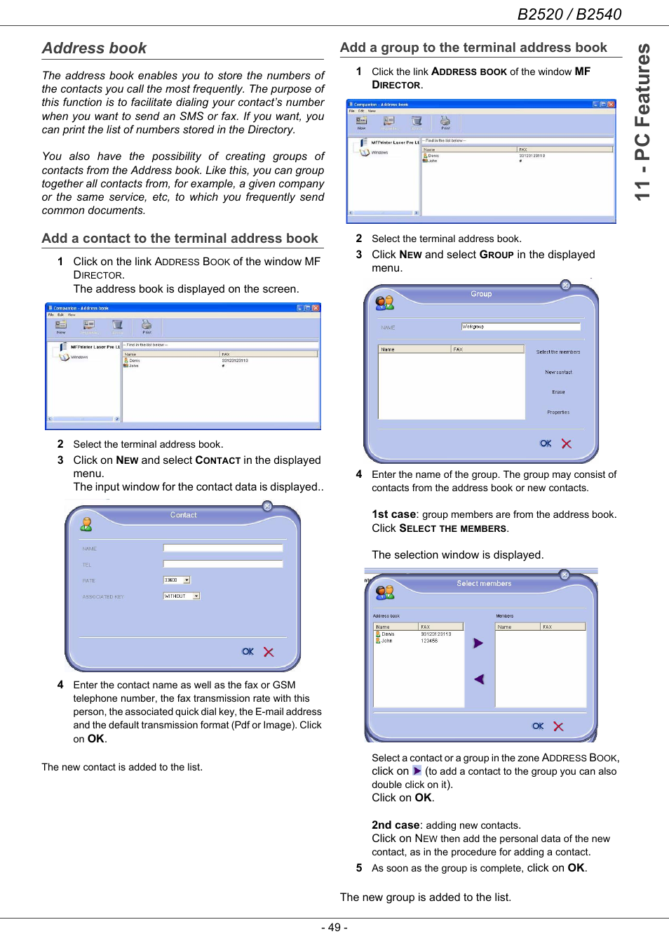 Address book, Add a contact to the terminal address book, Add a group to the terminal address book | 11 - pc features | Oki B2500 Series User Manual | Page 54 / 73