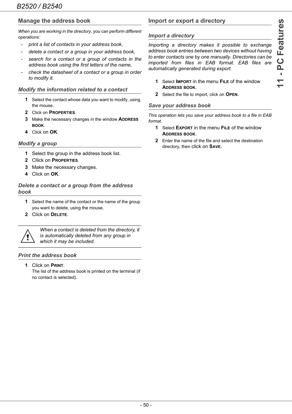 Manage the address book, Modify the information related to a contact, Modify a group | Delete a contact or a group from the address book, Print the address book, Import or export a directory, Import a directory, Save your address book, Delete a contact or a group from, The address book | Oki B2500 Series User Manual | Page 55 / 73