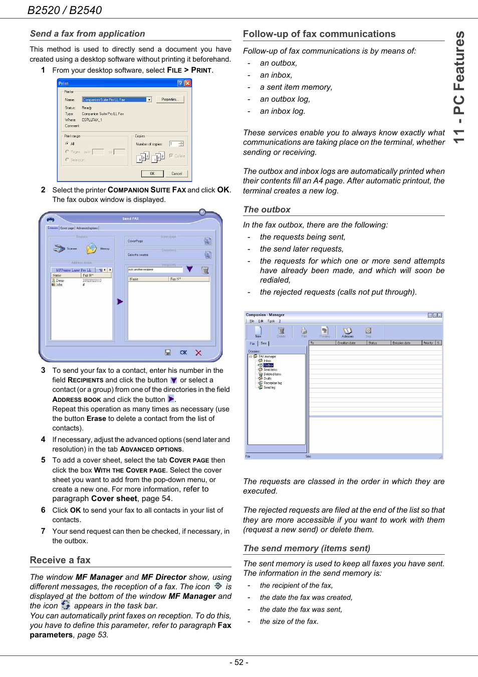 Send a fax from application, Receive a fax, Follow-up of fax communications | The outbox, The send memory (items sent), 11 - pc features | Oki B2500 Series User Manual | Page 57 / 73