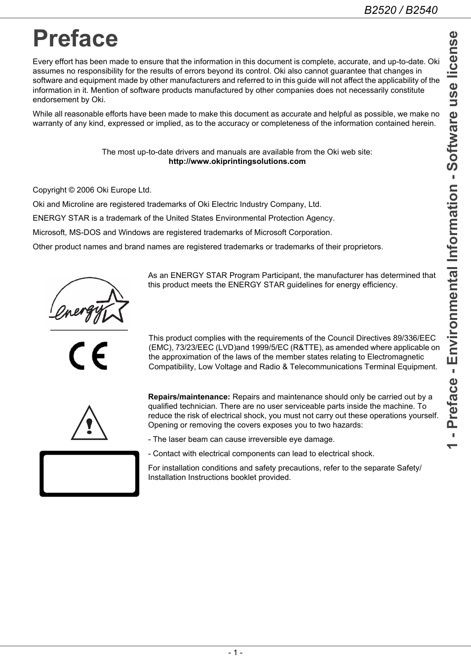 Preface, Preface 1 | Oki B2500 Series User Manual | Page 6 / 73