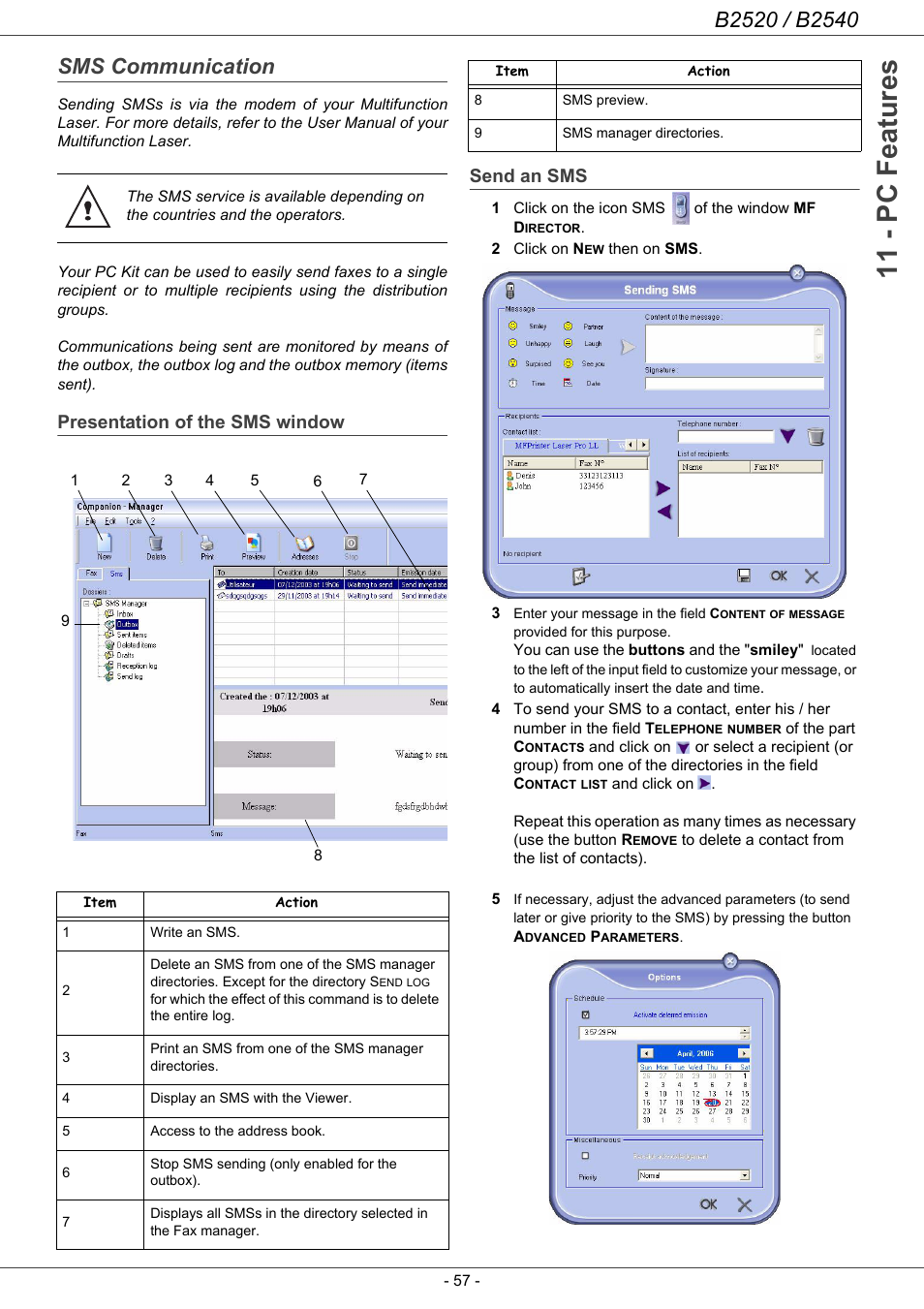 Sms communication, Presentation of the sms window, Send an sms | 11 - pc features, Presentation of the sms window send an sms | Oki B2500 Series User Manual | Page 62 / 73