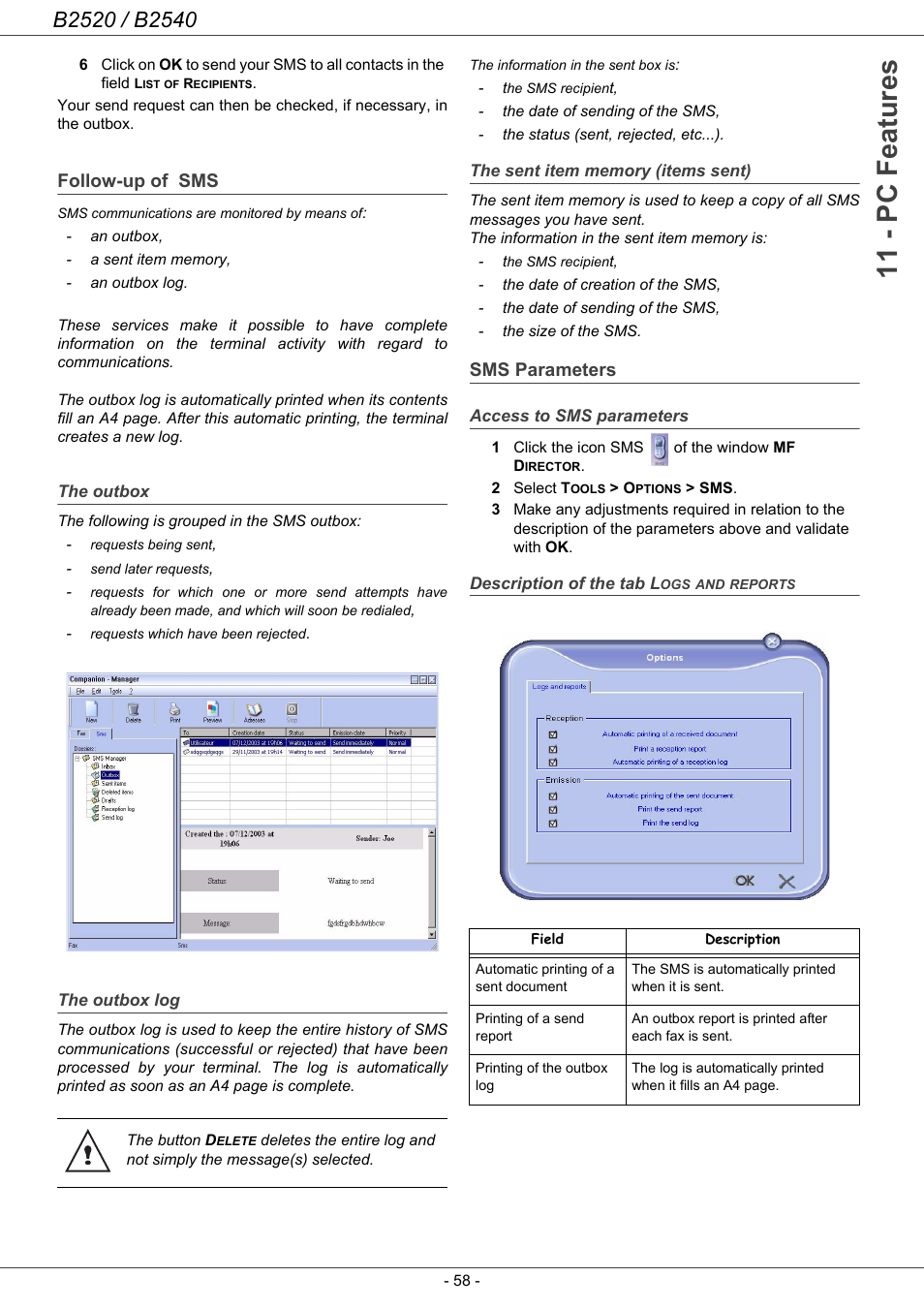 Follow-up of sms, The outbox, The outbox log | The sent item memory (items sent), Sms parameters, Access to sms parameters, Description of the tab logs and reports, 11 - pc features | Oki B2500 Series User Manual | Page 63 / 73