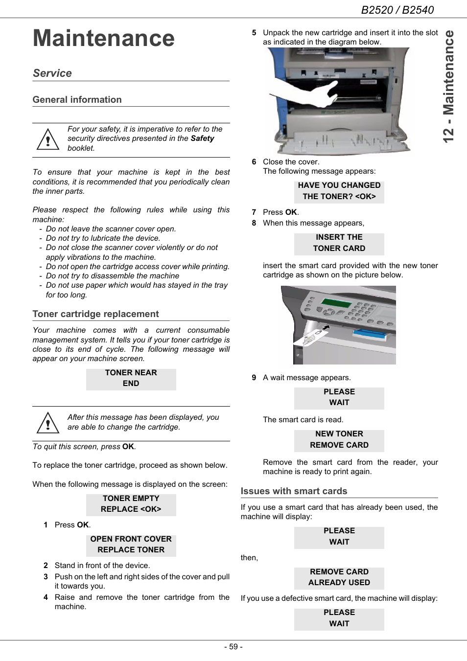 Maintenance, Service, General information | Toner cartridge replacement, Issues with smart cards, Maintenance 59, Service 59, 12 - maintenance | Oki B2500 Series User Manual | Page 64 / 73