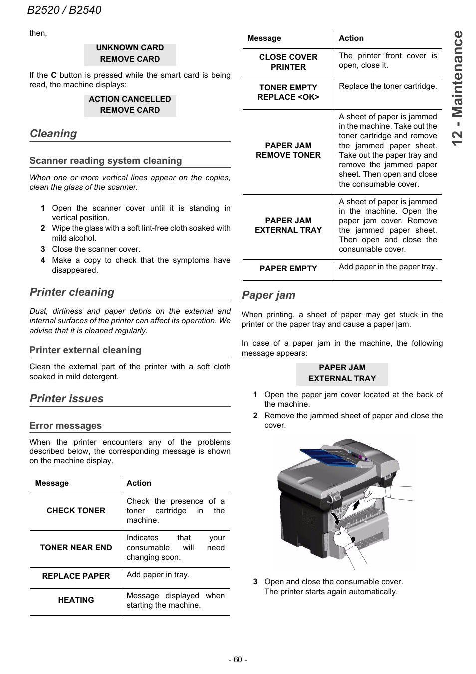 Cleaning, Scanner reading system cleaning, Printer cleaning | Printer external cleaning, Printer issues, Error messages, Paper jam, Cleaning 60, 12 - maintenance | Oki B2500 Series User Manual | Page 65 / 73