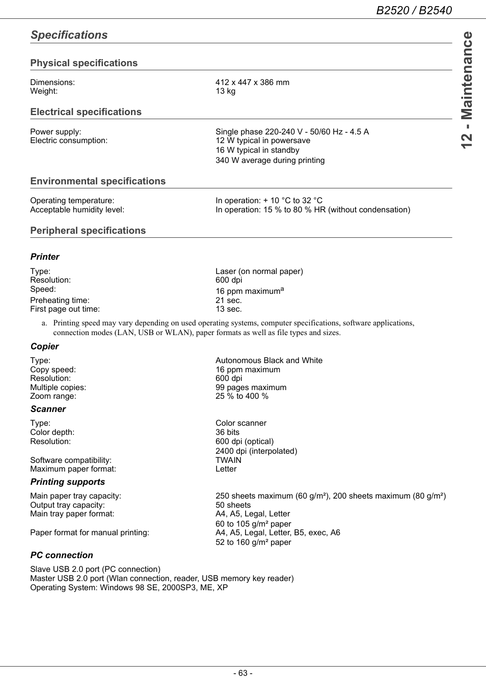Specifications, Physical specifications, Electrical specifications | Environmental specifications, Peripheral specifications, Specifications 63, 12 - maintenance | Oki B2500 Series User Manual | Page 68 / 73