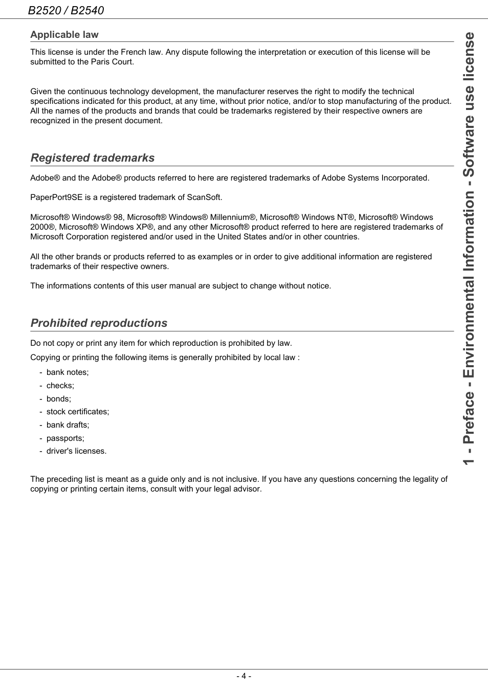 Applicable law, Registered trademarks, Prohibited reproductions | Oki B2500 Series User Manual | Page 9 / 73