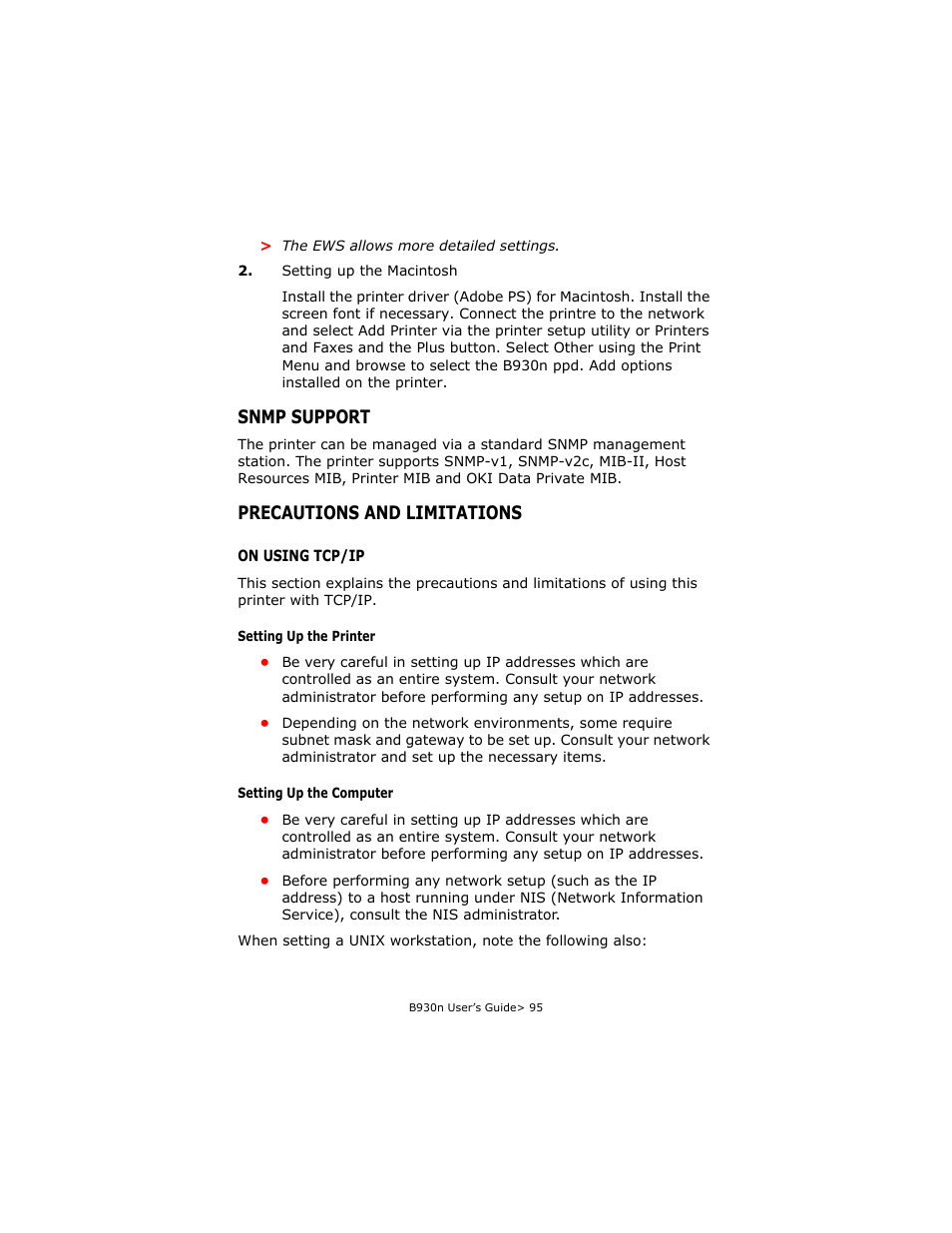 Snmp support, Precautions and limitations, On using tcp/ip | Snmp support precautions and limitations | Oki B930d User Manual | Page 101 / 211