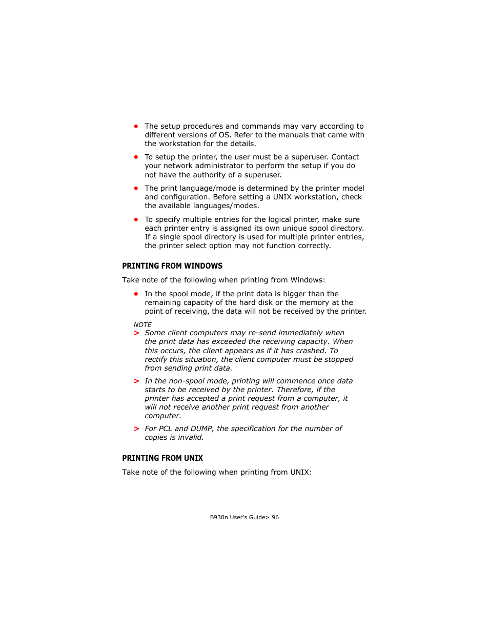 Printing from windows, Printing from unix, Printing from windows printing from unix | Oki B930d User Manual | Page 102 / 211