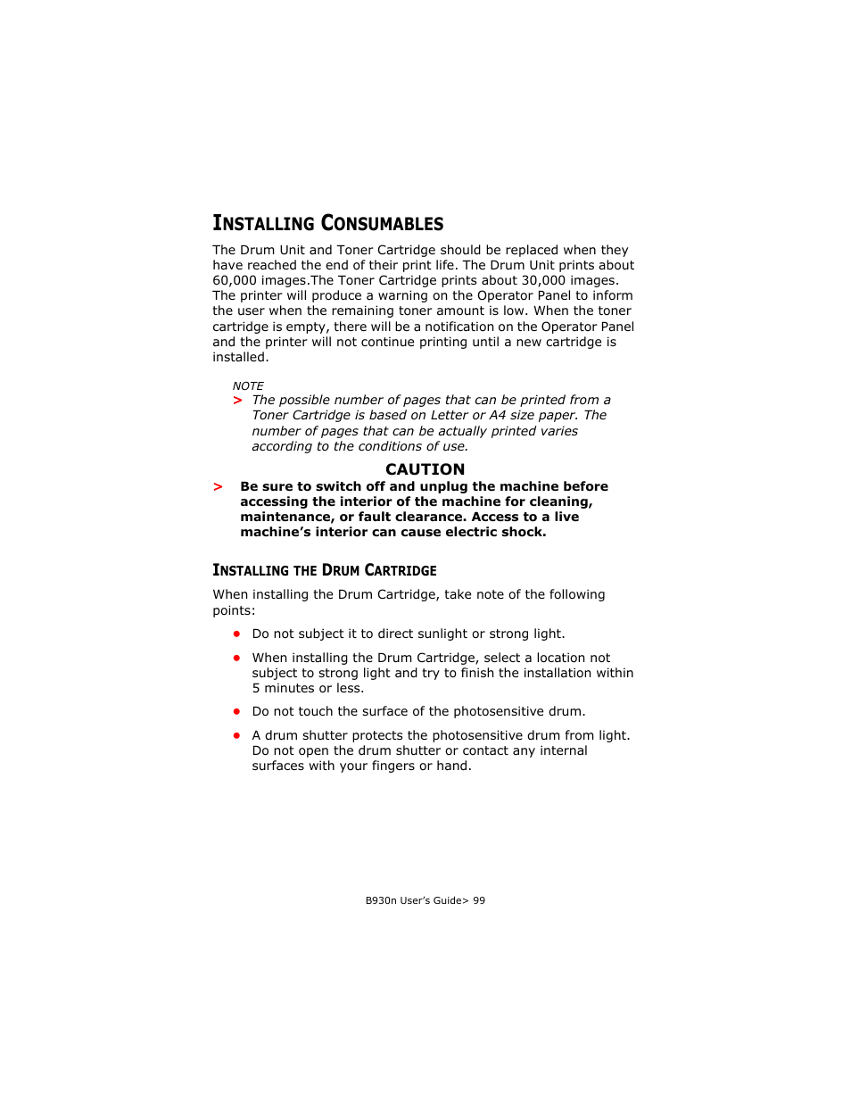 Installing consumables, Installing the drum cartridge, Nstalling | Onsumables | Oki B930d User Manual | Page 105 / 211