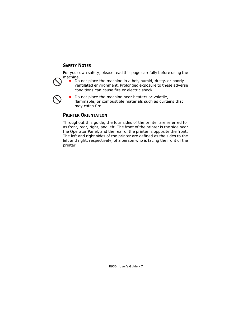 Safety notes, Printer orientation, Safety notes printer orientation | Oki B930d User Manual | Page 13 / 211