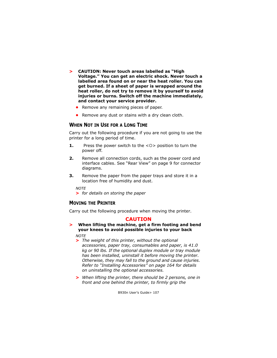 When not in use for a long time, Moving the printer, When not in use for a long time moving the printer | Oki B930d User Manual | Page 137 / 211