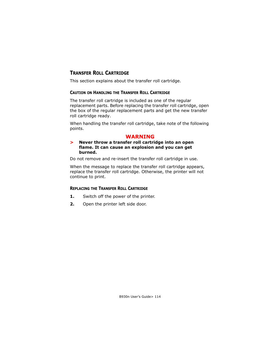 Transfer roll cartridge, Caution on handling the transfer roll cartridge, Replacing the transfer roll cartridge | Oki B930d User Manual | Page 144 / 211