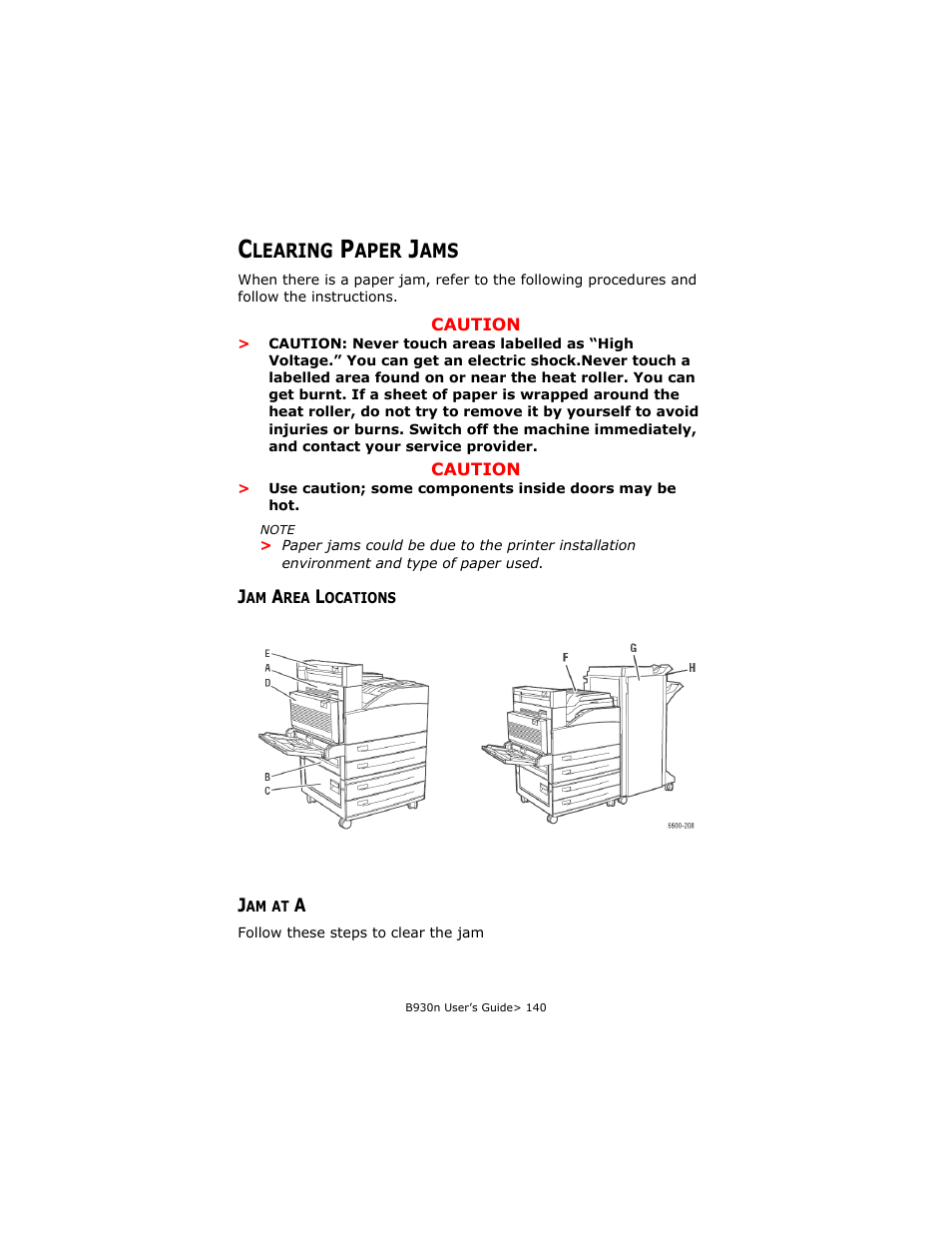 Clearing paper jams, Jam area locations, Jam at a | Jam area locations jam at a | Oki B930d User Manual | Page 146 / 211