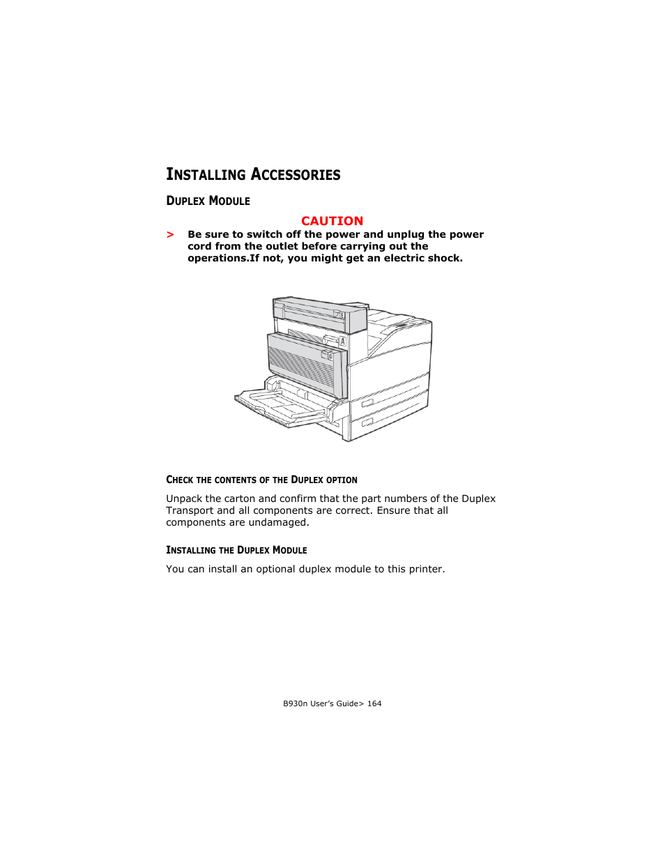 Installing accessories, Duplex module, Check the contents of the duplex option | Installing the duplex module, Nstalling, Ccessories | Oki B930d User Manual | Page 170 / 211