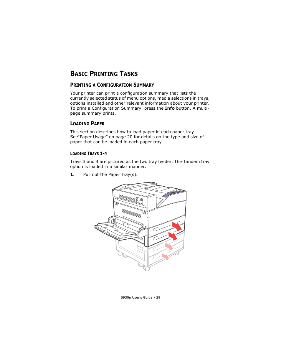 Basic printing tasks, Printing a configuration summary, Loading paper | Loading trays 1-4, Printing a configuration summary loading paper | Oki B930d User Manual | Page 35 / 211