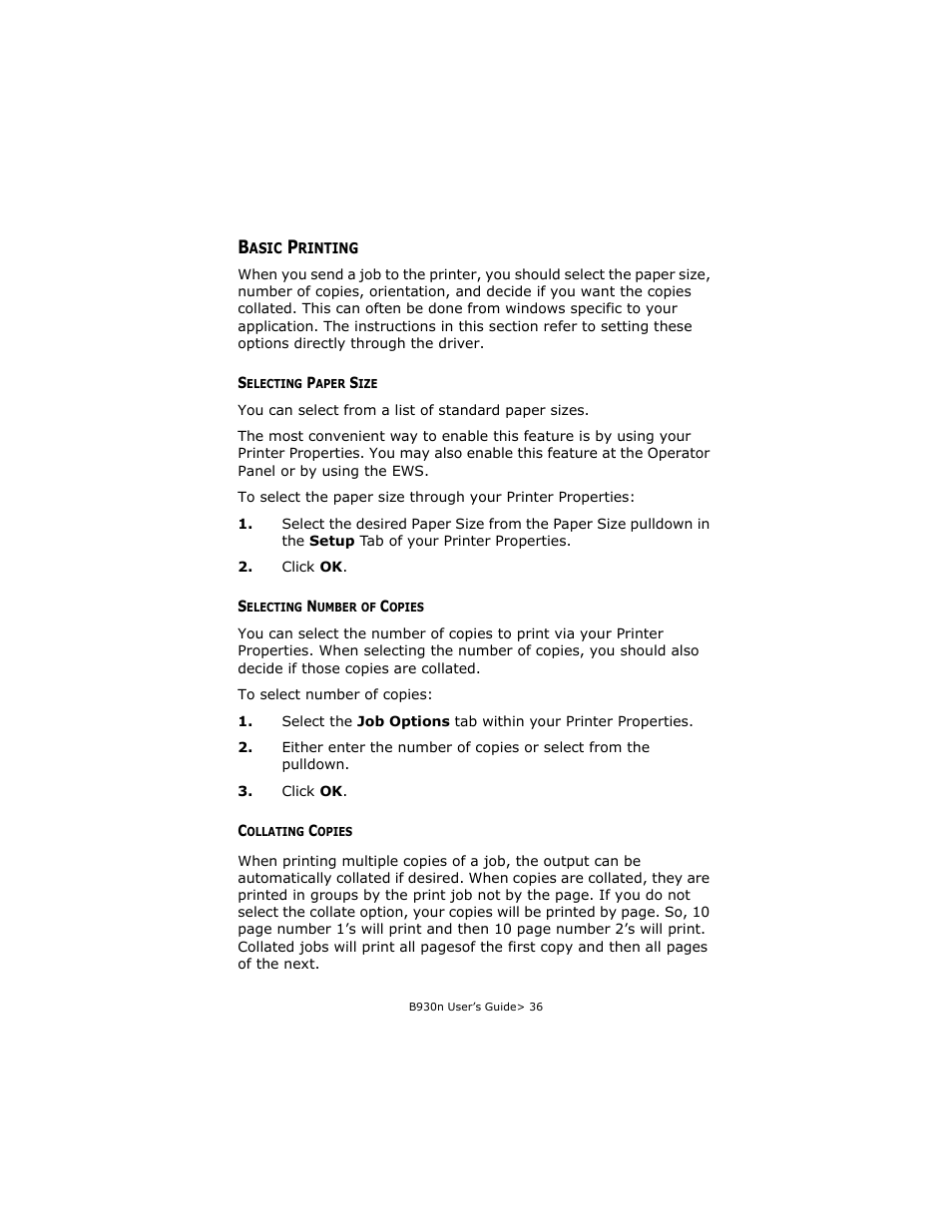 Basic printing, Selecting paper size, Selecting number of copies | Collating copies | Oki B930d User Manual | Page 42 / 211