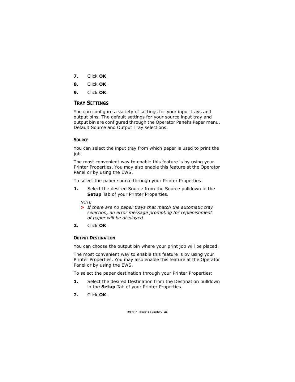 Tray settings, Source, Output destination | Source output destination | Oki B930d User Manual | Page 52 / 211