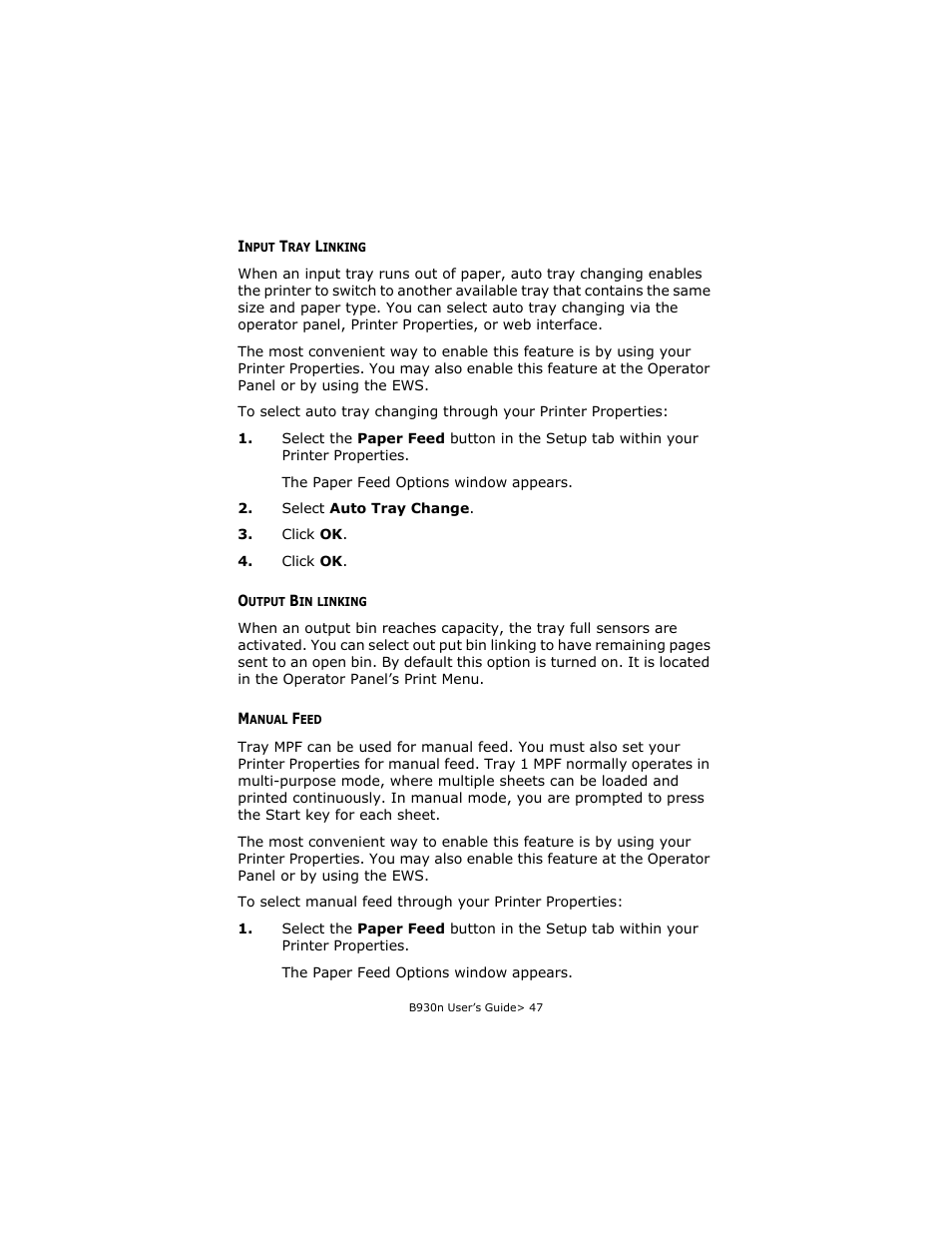 Input tray linking, Output bin linking, Manual feed | Input tray linking output bin linking manual feed | Oki B930d User Manual | Page 53 / 211