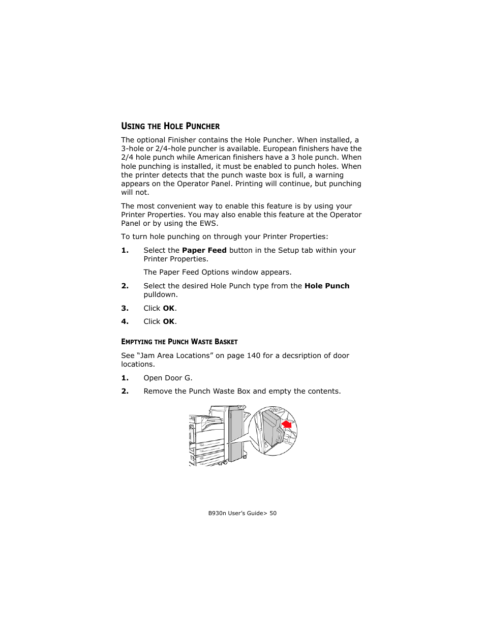 Using the hole puncher, Emptying the punch waste basket | Oki B930d User Manual | Page 56 / 211