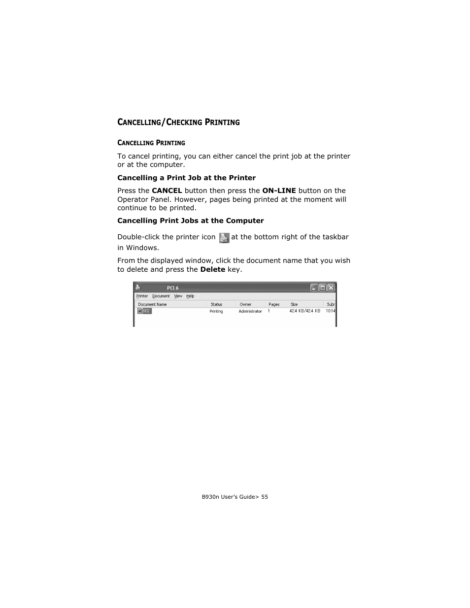 Cancelling/checking printing, Cancelling printing | Oki B930d User Manual | Page 61 / 211