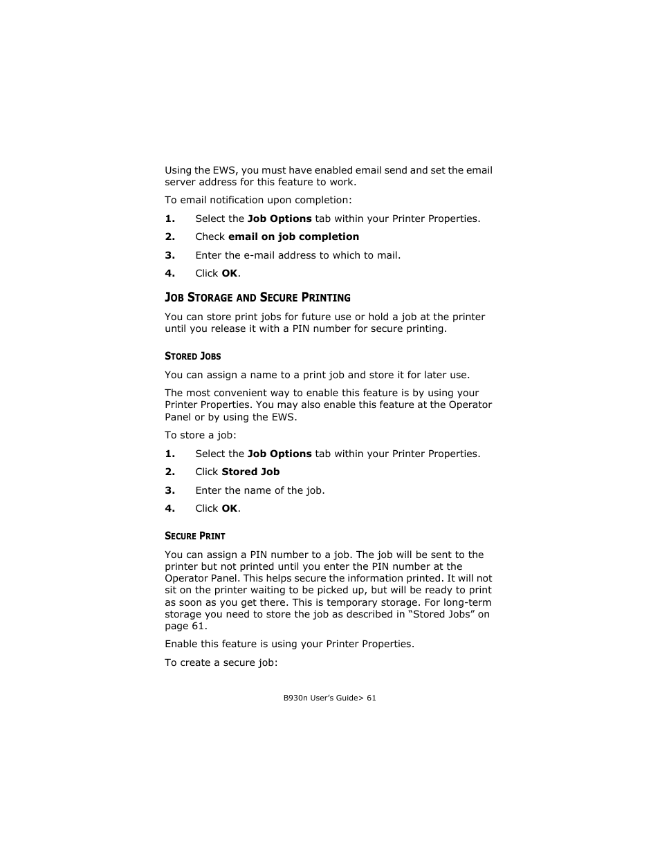 Job storage and secure printing, Stored jobs, Secure print | Stored jobs secure print | Oki B930d User Manual | Page 67 / 211