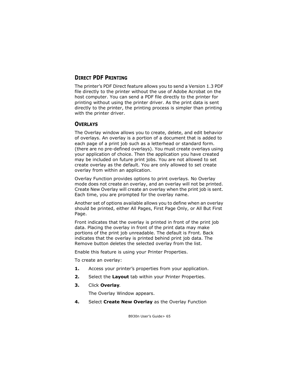 Direct pdf printing, Overlays, Direct pdf printing overlays | Pdf p | Oki B930d User Manual | Page 71 / 211