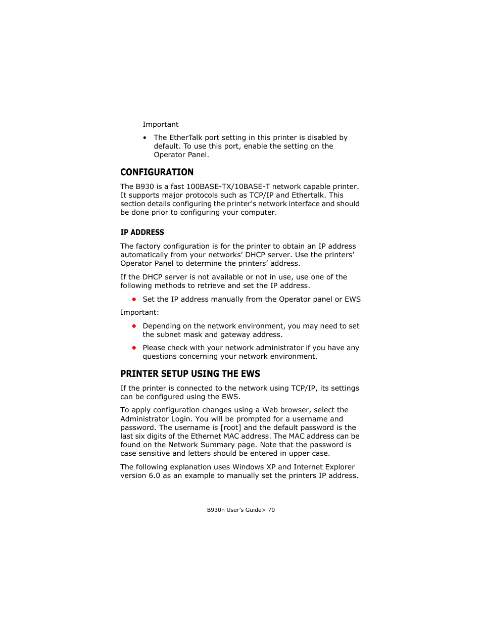 Configuration, Ip address, Printer setup using the ews | Oki B930d User Manual | Page 76 / 211