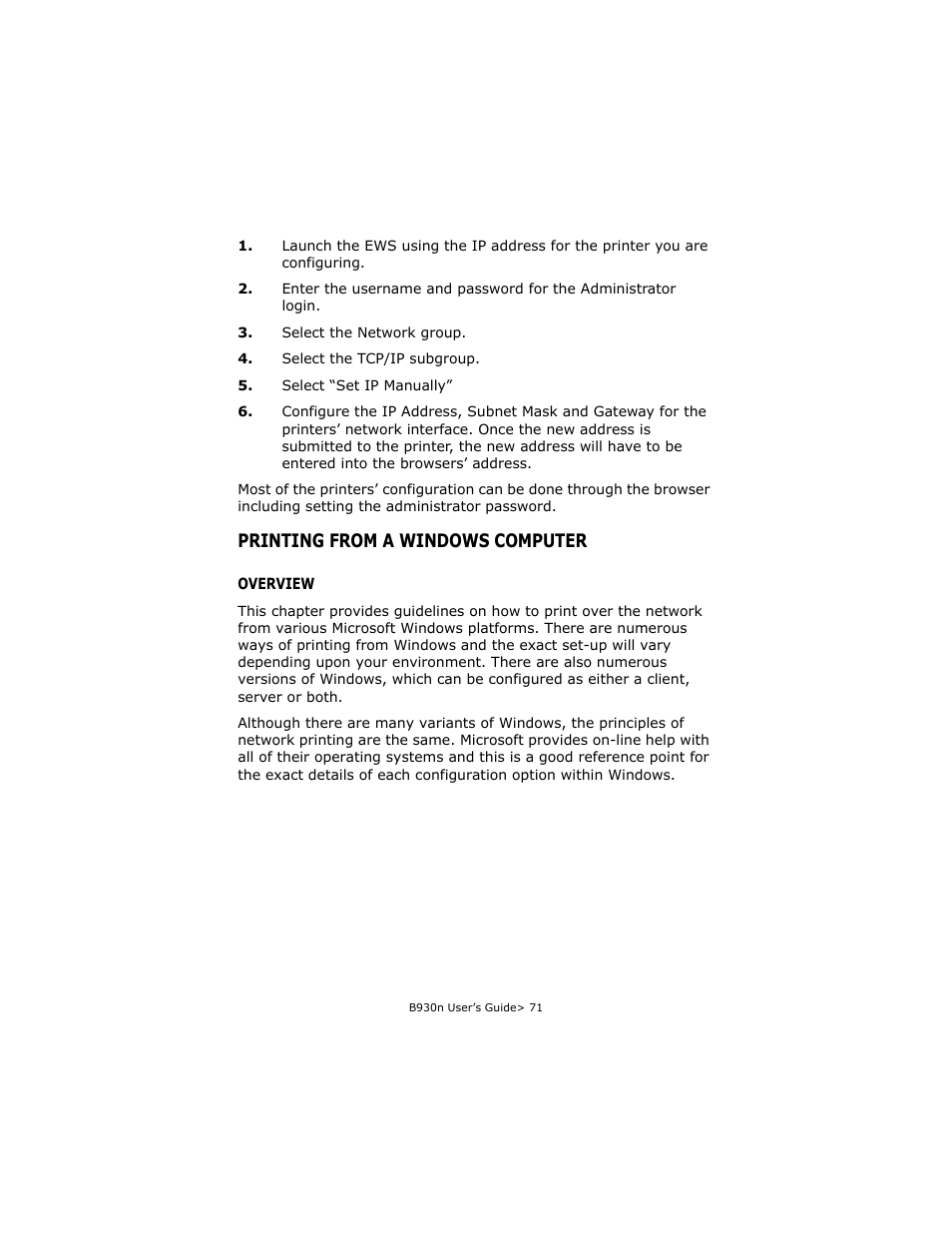Printing from a windows computer, Overview | Oki B930d User Manual | Page 77 / 211