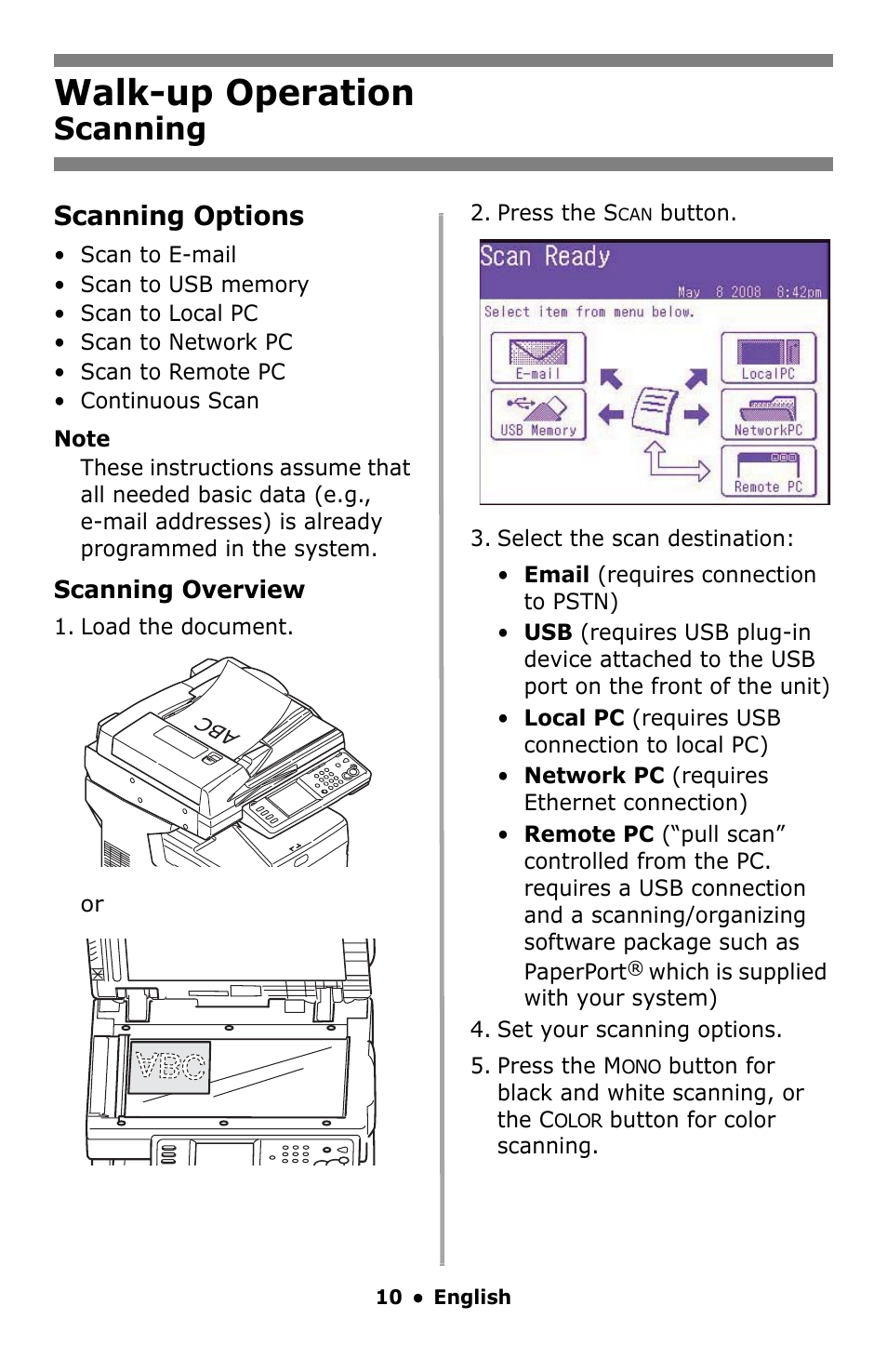 Scanning, Walk-up operation, Scanning options | Oki MC860 MFP User Manual | Page 10 / 103