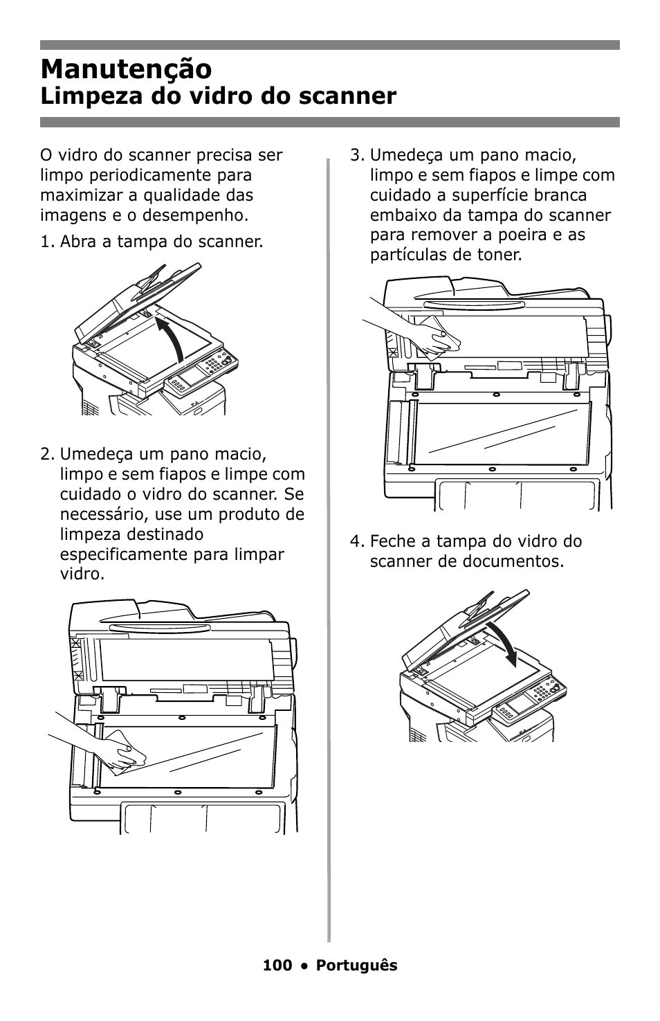 Manutenção, Limpeza do vidro do scanner | Oki MC860 MFP User Manual | Page 100 / 103