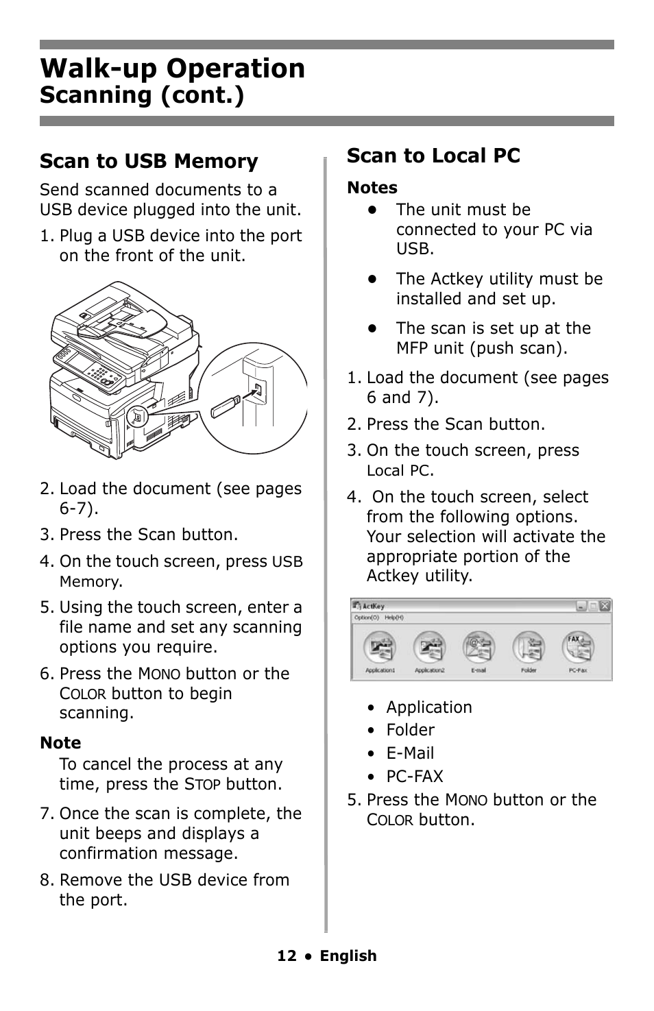 Walk-up operation, Scanning (cont.), Scan to local pc | Oki MC860 MFP User Manual | Page 12 / 103