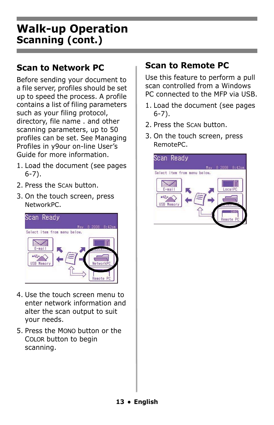 Walk-up operation, Scanning (cont.), Scan to network pc | Scan to remote pc | Oki MC860 MFP User Manual | Page 13 / 103